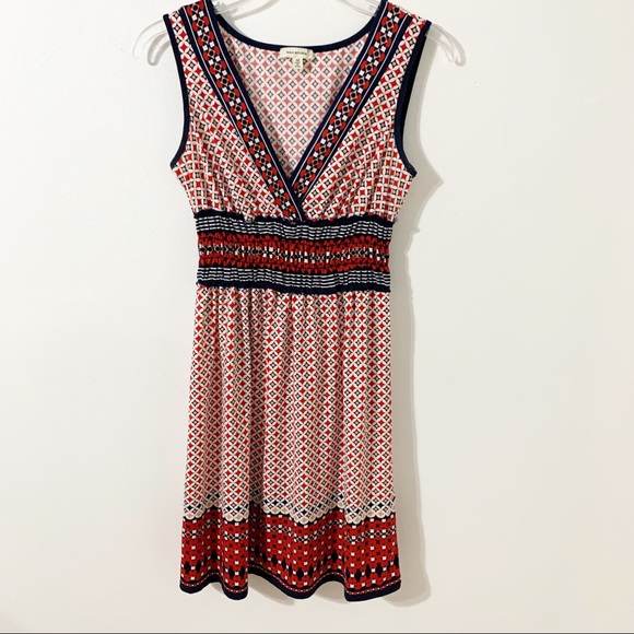 Max Studio Deep V Neckline Sleeveless Smocked Waistline Geometric Dress 🔴⚪️🔵 - Picture 2 of 8